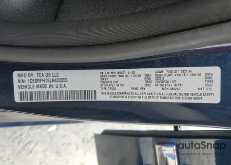 2020 Ram 1500 Limited z USA, uszkodzony, nr VIN 1C6SRFHT6LN422255